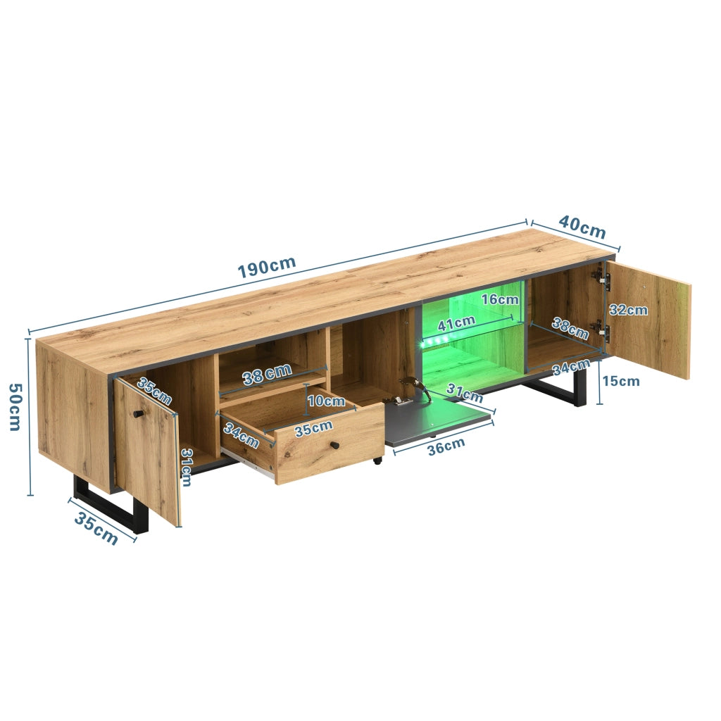 Mobile TV basso moderno con LED, ante con cerniere ammortizzate, 3 ante, 3 scomparti e 1 cassetto
