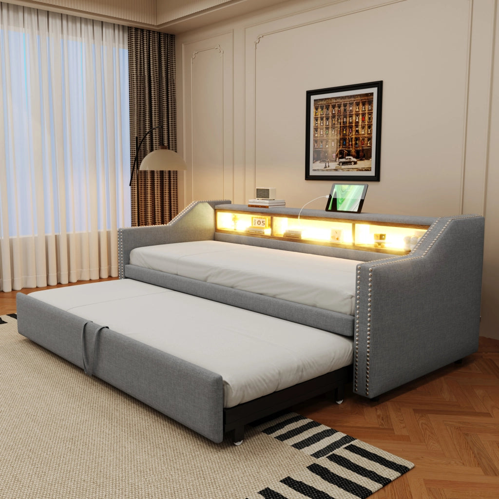 Divano letto imbottito estraibile 90 × 190 cm con rete a doghe LED USB grigio chiaro