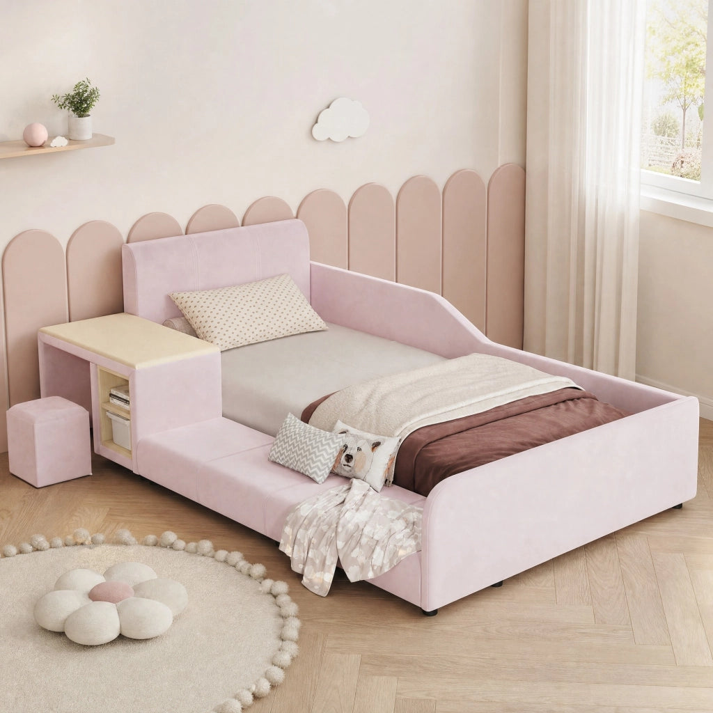 Letto singolo 90 × 200 cm con scrivania sgabello e ripiano testiera imbottita in velluto rosa con rete a doghe