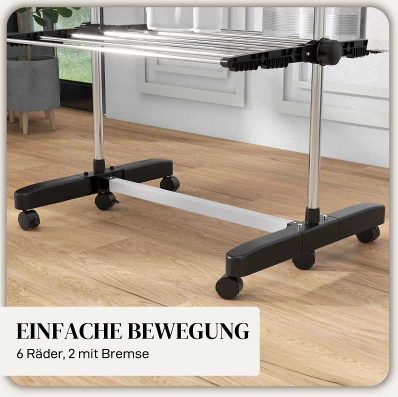 Stendibiancheria pieghevole a 5 livelli con ruote, 142x55x172 cm, nero e argento