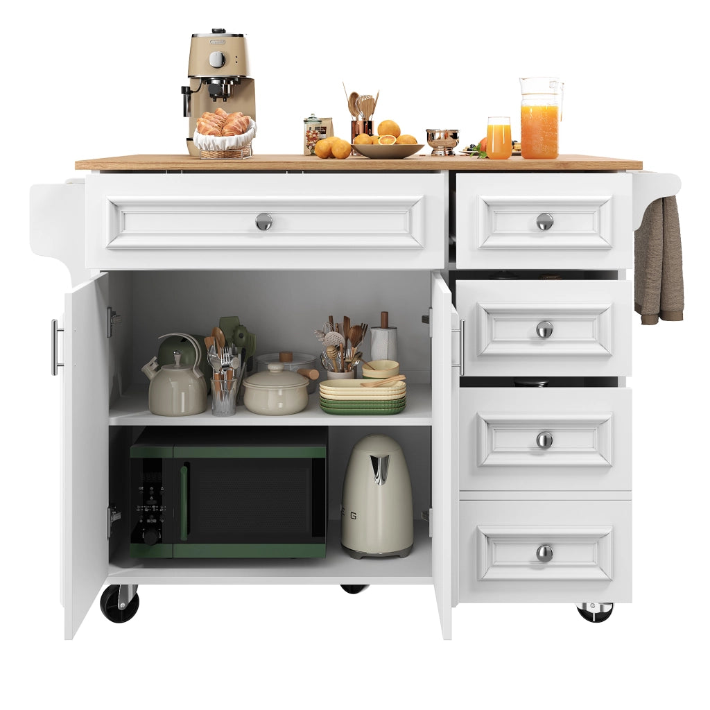 Carrello da cucina con piano pieghevole, cassetti, ripiani regolabili e mensola laterale in MDF bianco per cucina