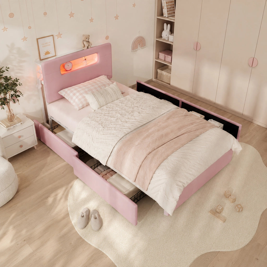Letto per bambini 90 x 200 cm con 4 cassetti e LED via app, letto singolo in velluto con testiera contenitore, rosa, design moderno