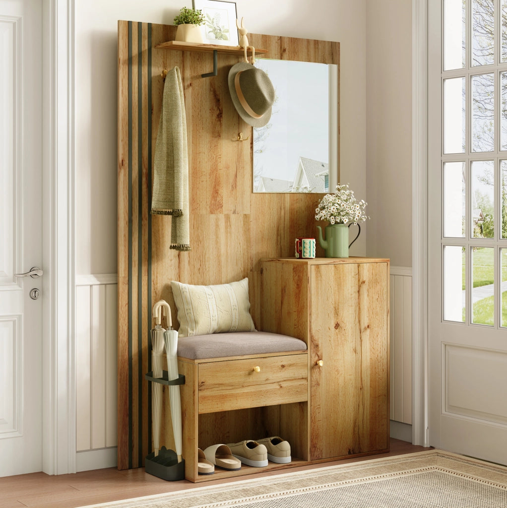 Mobile da ingresso 115x37x185 cm con specchio; seduta e ripiani in MDF naturale e nero