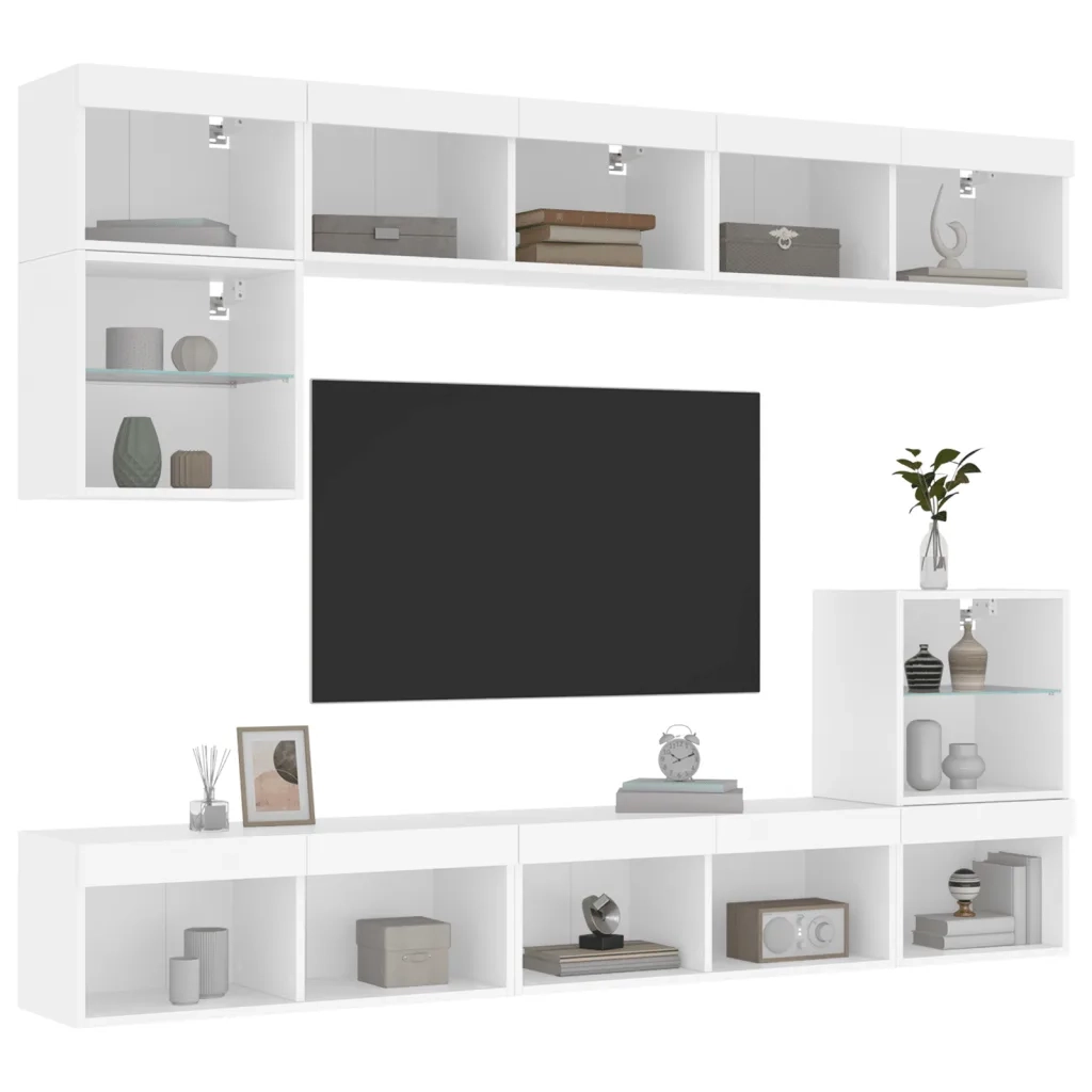 Mobili TV a Muro con LED 8pz-Set di 8 Credenza per TV sospesa Bianchi in Legno Multistrato