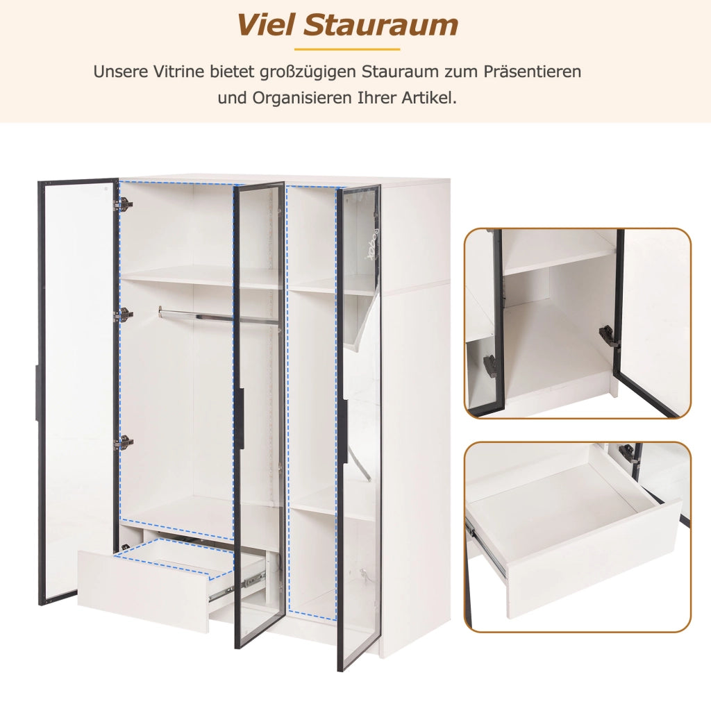 Armadio con 3 ante in vetro LED cassetto vano aperto asta appendiabiti pannello truciolare bianco 110 × 50 × 160 cm