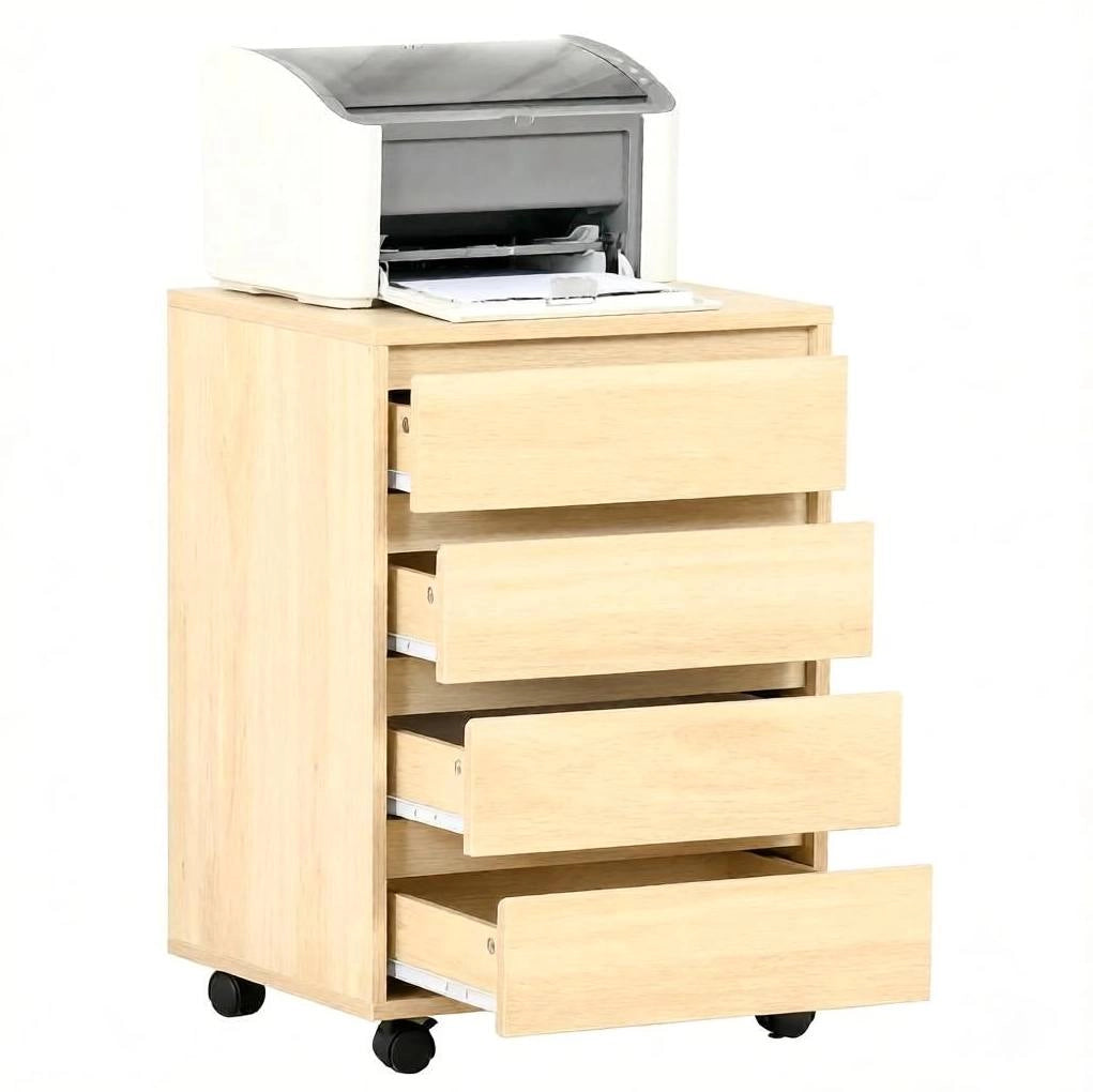 Mobile cassettiera in MDF naturale con 4 cassetti e ruote, 46x40x65 cm