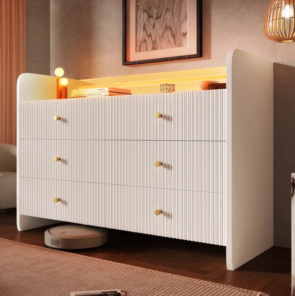 Credenza ULEVR 120x40x75 cm con LED, vano aperto e 6 cassetti, bianca