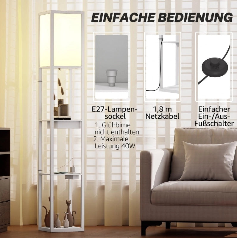 Lampada da terra bianca in MDF con 3 ripiani, interruttore a pedale e porte USB