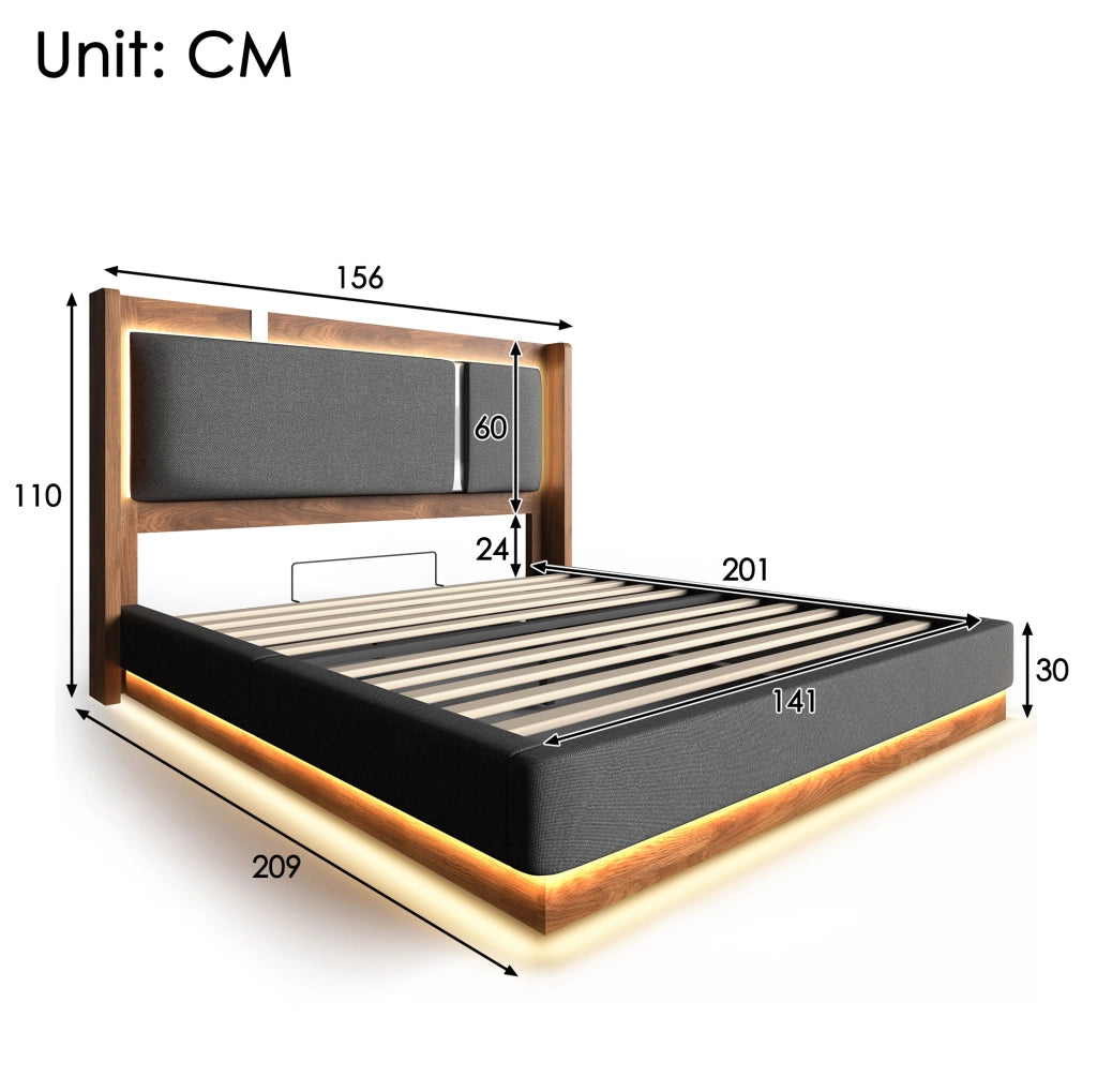 Letto Matrimoniale 140x200 con Contenitore, LED e Rete a Doghe, Tessuto Lino Grigio e Noce, Senza Materasso