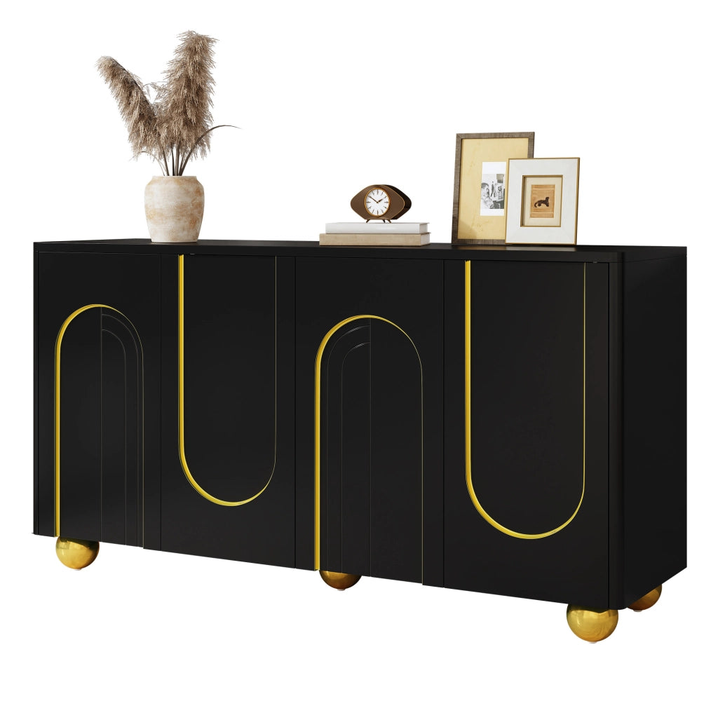 Sideboard 4 ante nero con decoro dorato, 140x40x74 cm