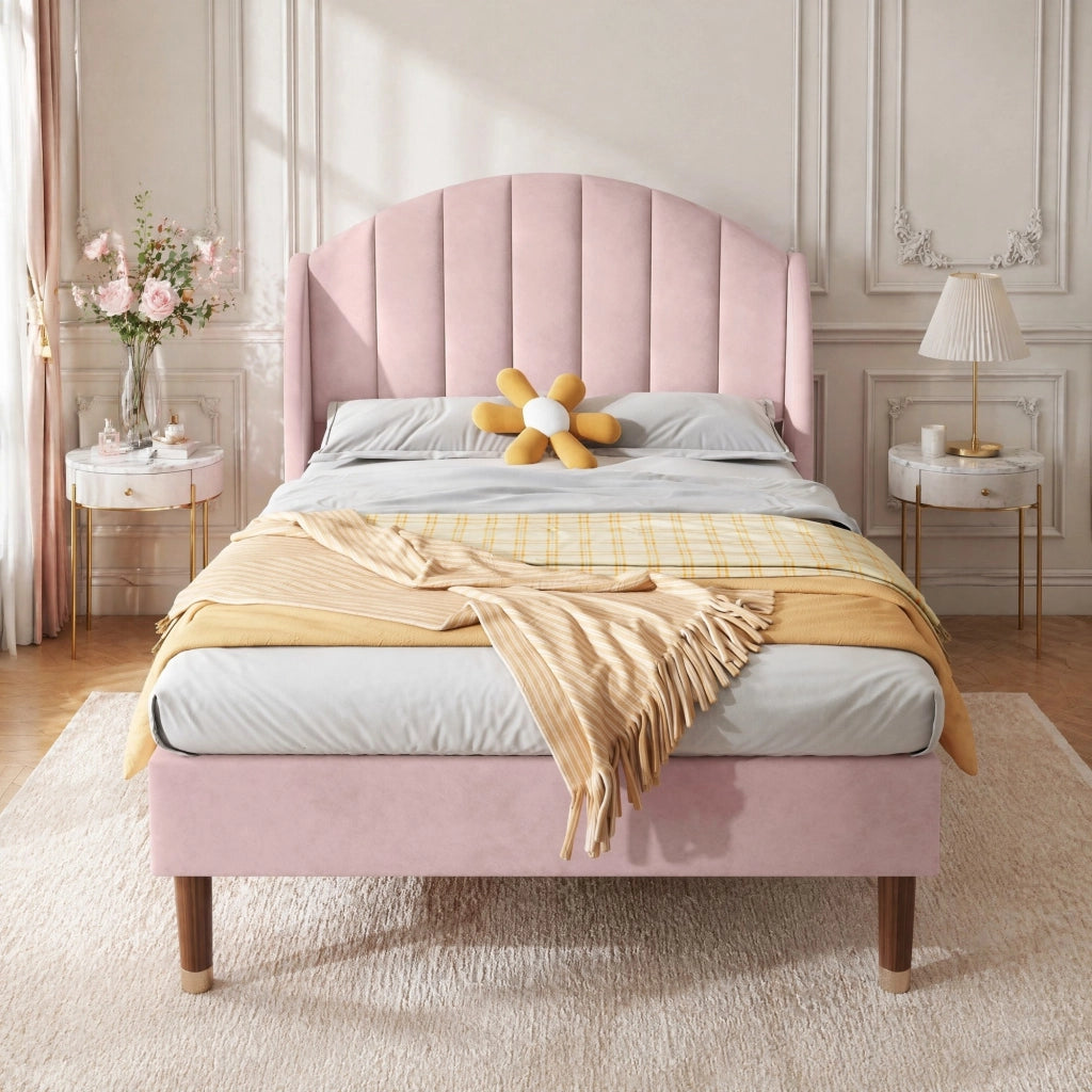 Letto imbottito 90 × 200 cm con rete a doghe e testiera rivestito in velluto rosa
