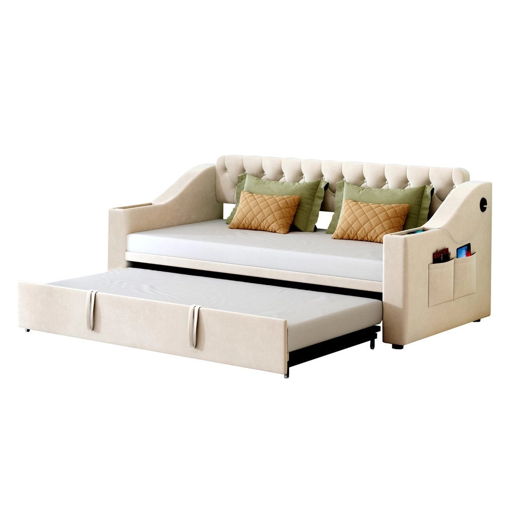 Letto Imbottito con Rete a Doghe e USB ¨C MINIMAL ¨C Velluto Beige 90x190 / 180x190