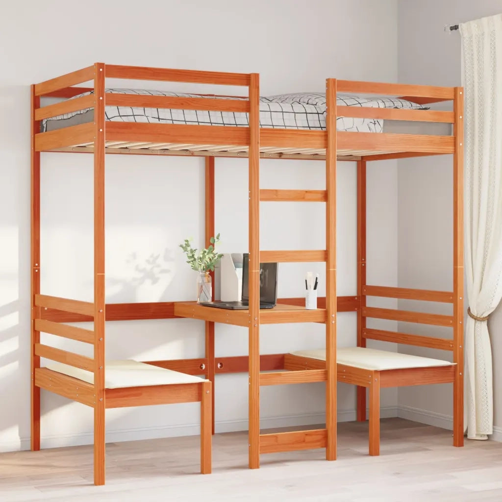 Letto singolo | Letto per adulti | Giroletto Soppalco Scrivania e Sedie Marrone Cera 75x190cm Pino