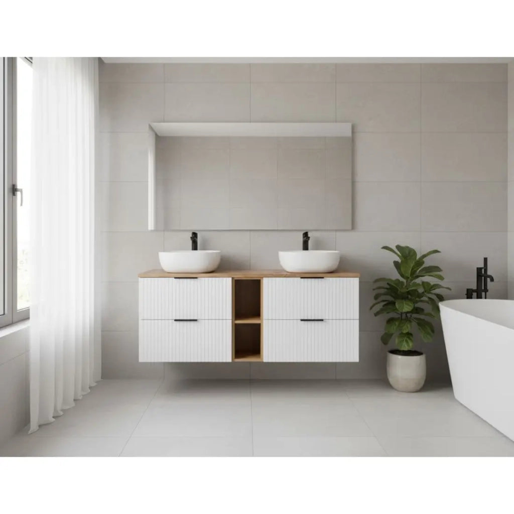 Set da bagno NOXERA 140 cm - Bianco opaco e quercia wotan - 2 lavabi da appoggio e nicchie aperte