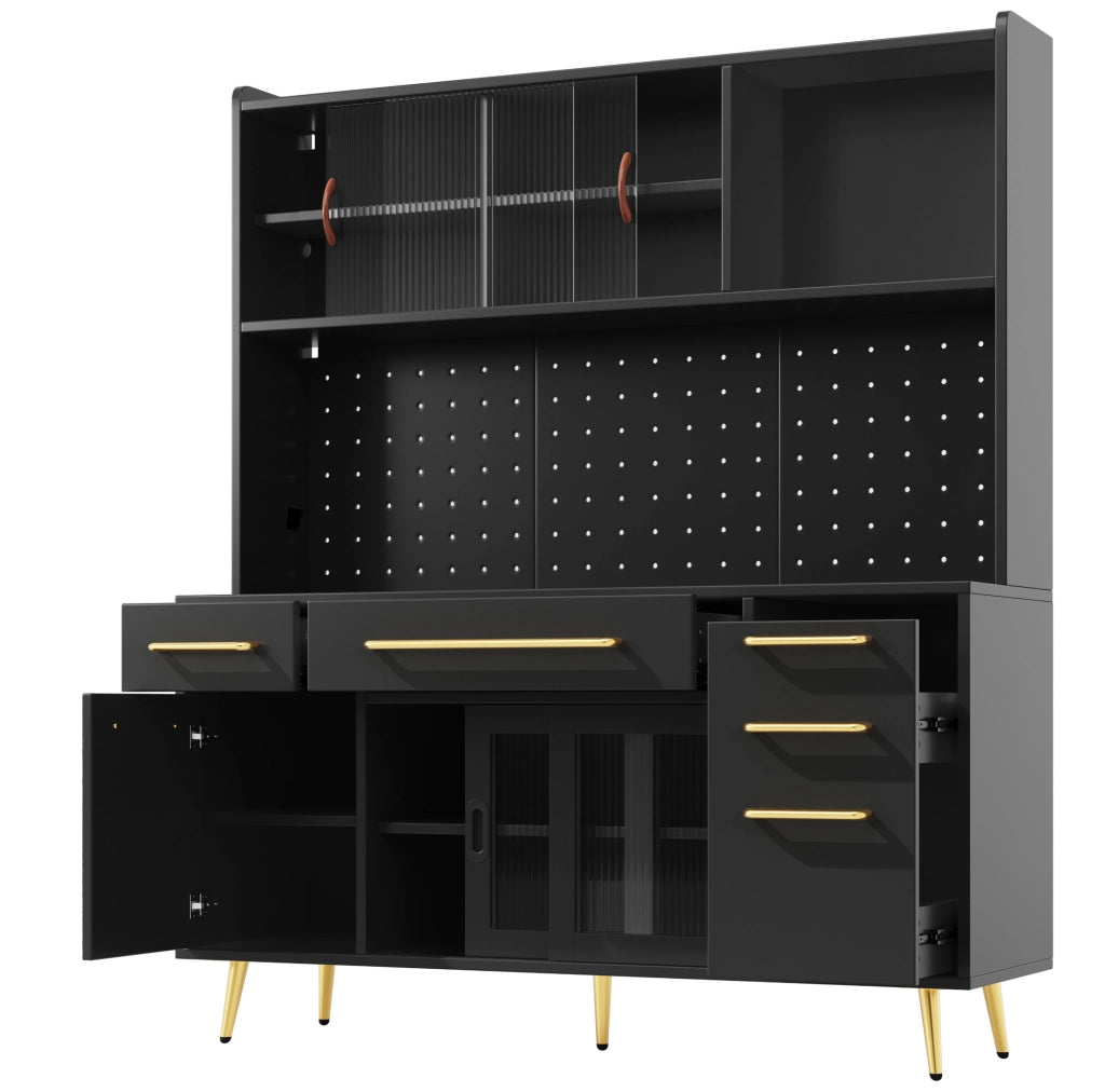 Credenza alta 145x39x171 cm in MDF, vetro e metallo nero con LED