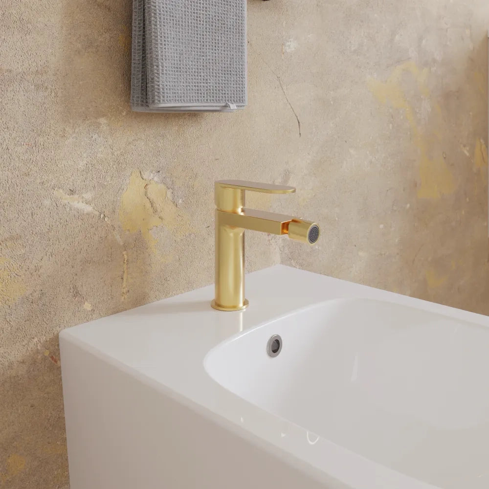 Set miscelatori lavabo alto bidet miscelatore doccia con deviatore oro spazzolato | Margot