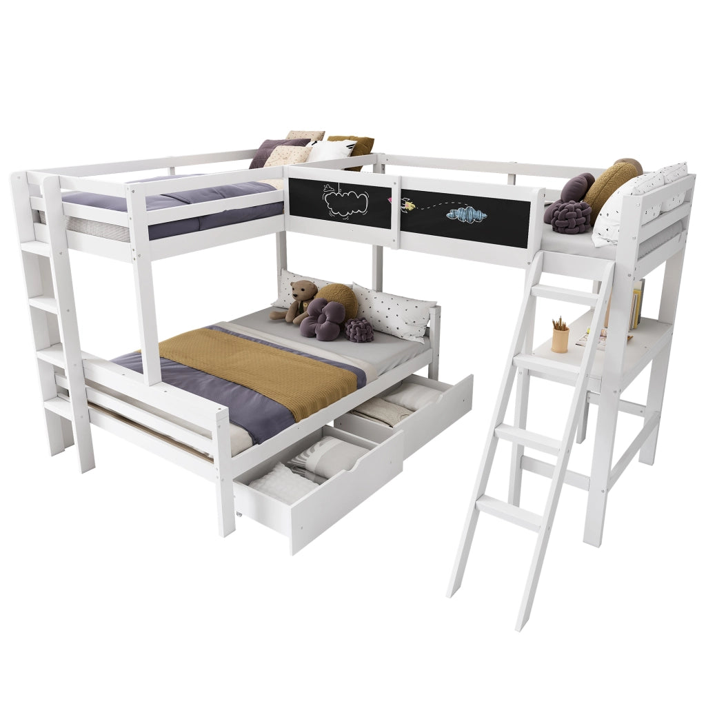 Letto a soppalco per bambini tre posti con scrivania cassetti in legno bianco e rovere con scala sicura