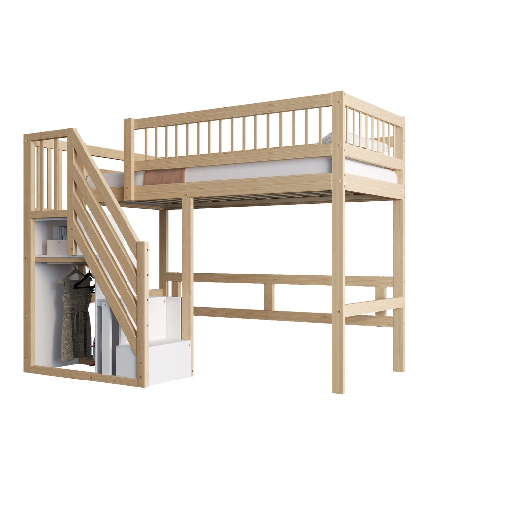 Letto a soppalco 90 × 200 cm con scala contenitore e sponde alte in legno colore naturale