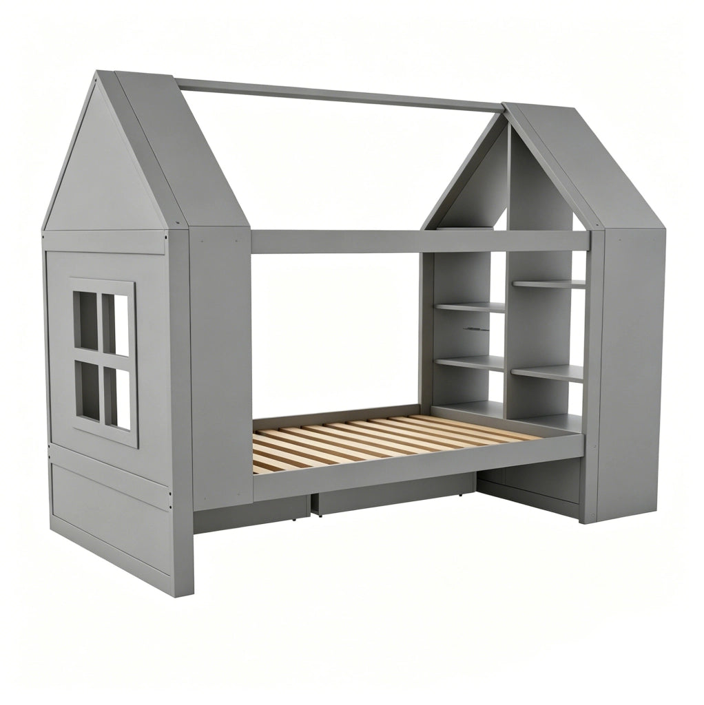 Letto per bambini a casetta 90x200 cm con LED, cassetti e vani in legno massello e MDF grigio