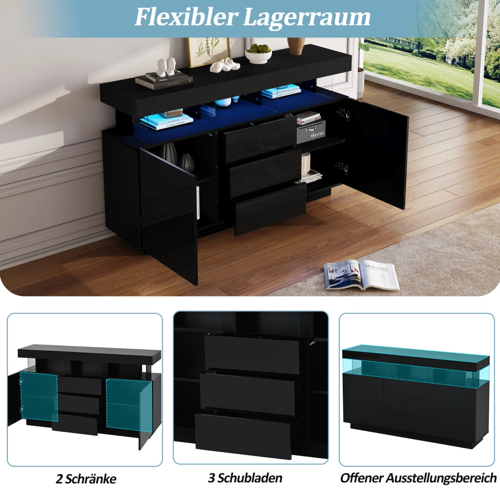 Credenza moderna lucida nera con LED e 3 cassetti