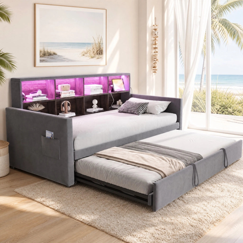 Letto con letto estraibile 90 × 190 cm con rete a doghe; testiera con LED e prese; velluto grigio