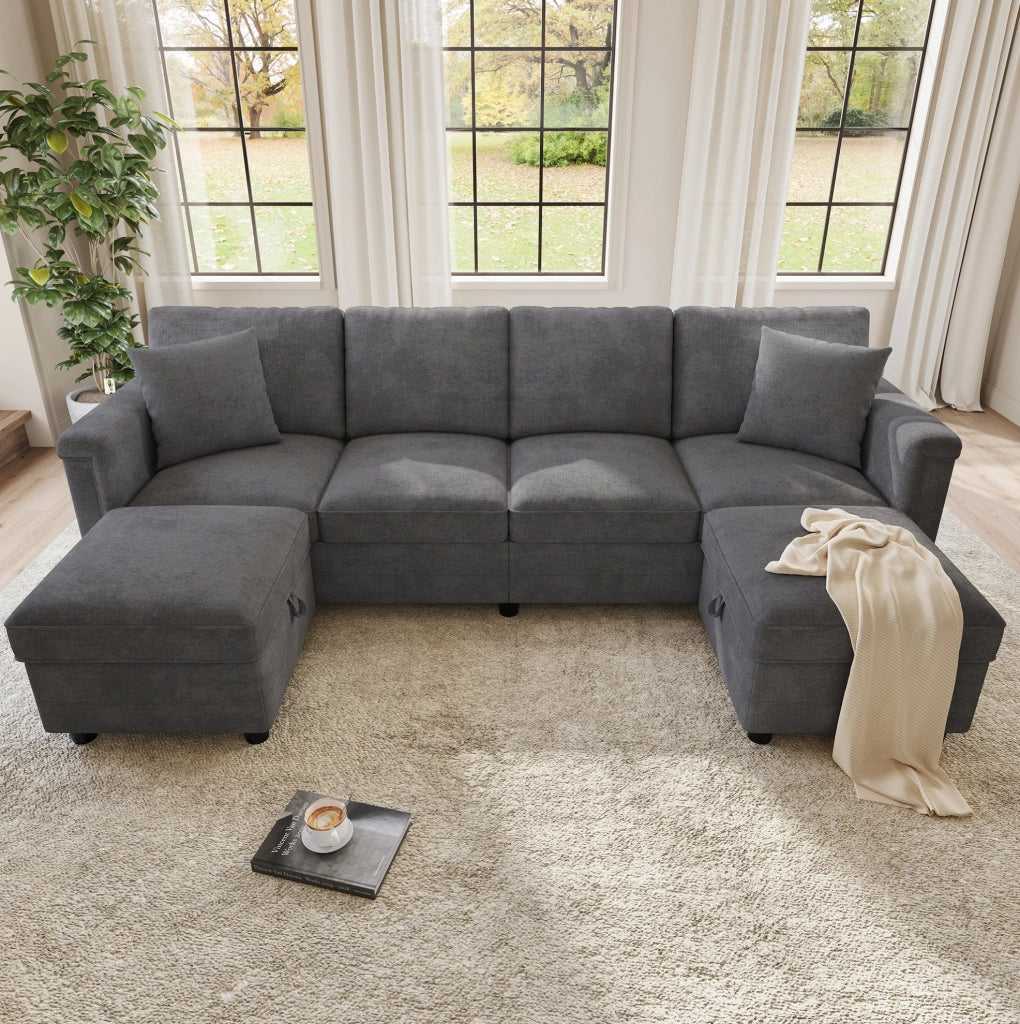 Divano modulare grigio in tessuto Chenille con 2 pouf contenitori e 2 cuscini decorativi, 261×134×82 cm