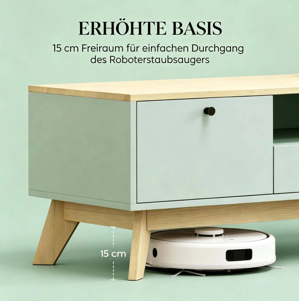 Tavolino da caffè rettangolare in MDF verde chiaro con cassetto; anta e vano aperto; 100x50x40 cm