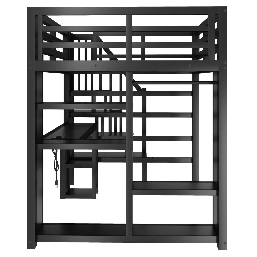 Letto a soppalco matrimoniale 140x200 in metallo nero con scrivania e LED