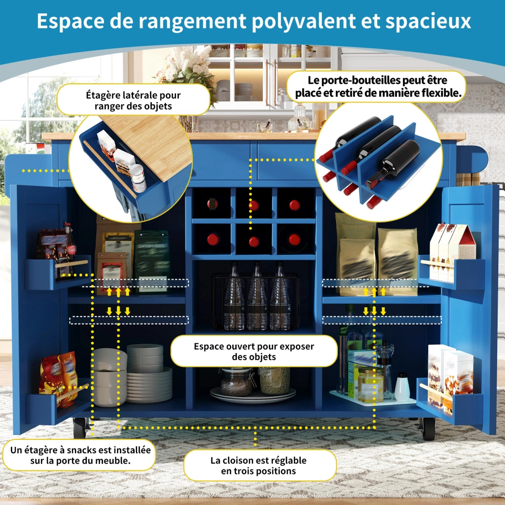 Mobile base da cucina con ruote bloccabili portabottiglie e ripiani laterali MDF blu 102 × 45 × 92 cm