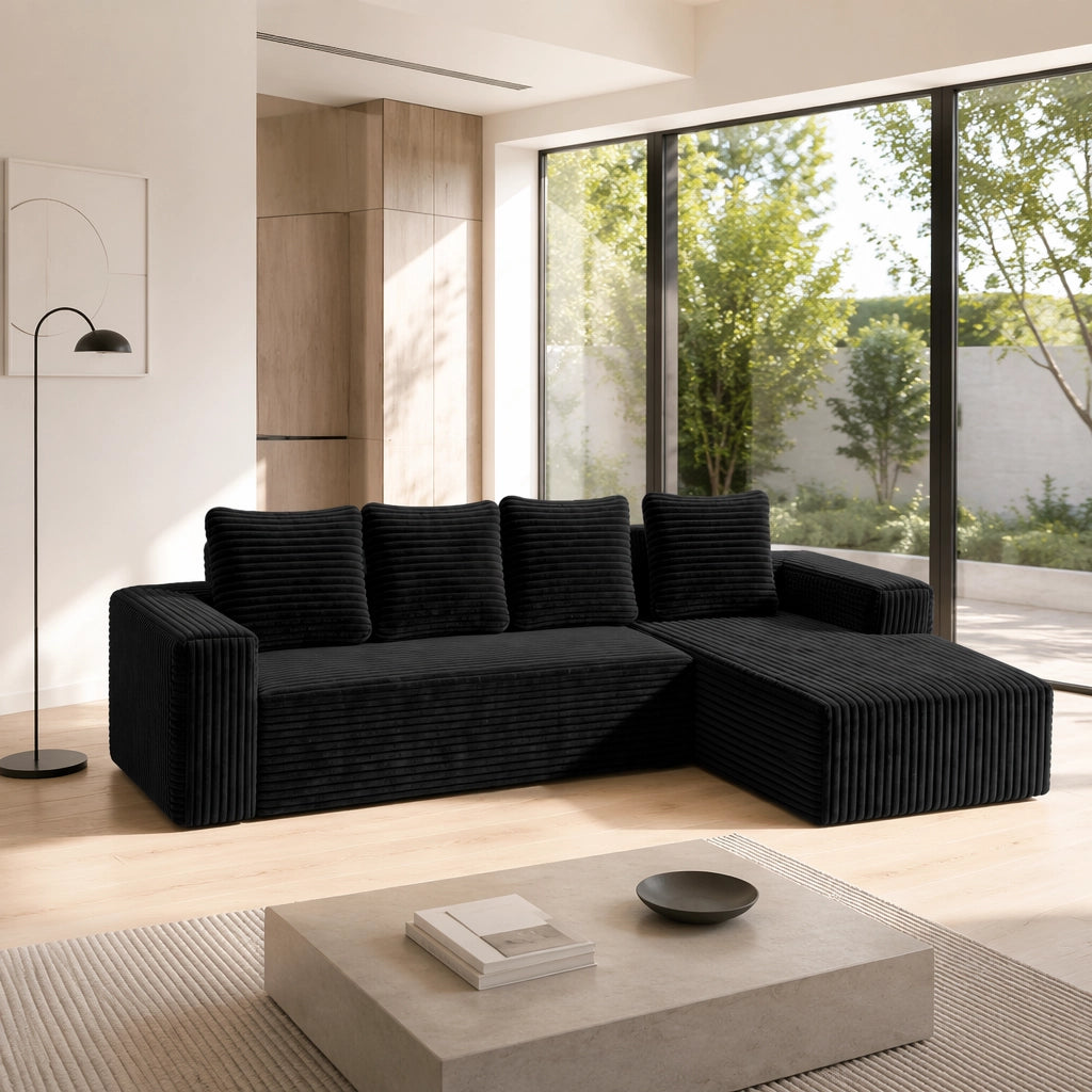 Divano modulare a L con chaise longue reversibile in velluto a coste nero