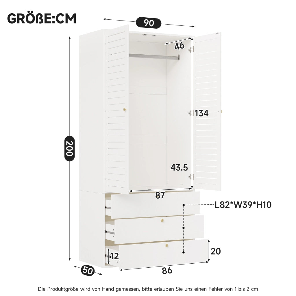 Armadio 4 ante 180 × 50 × 200 cm con 6 cassetti e 2 appendiabiti in pannello truciolare bianco