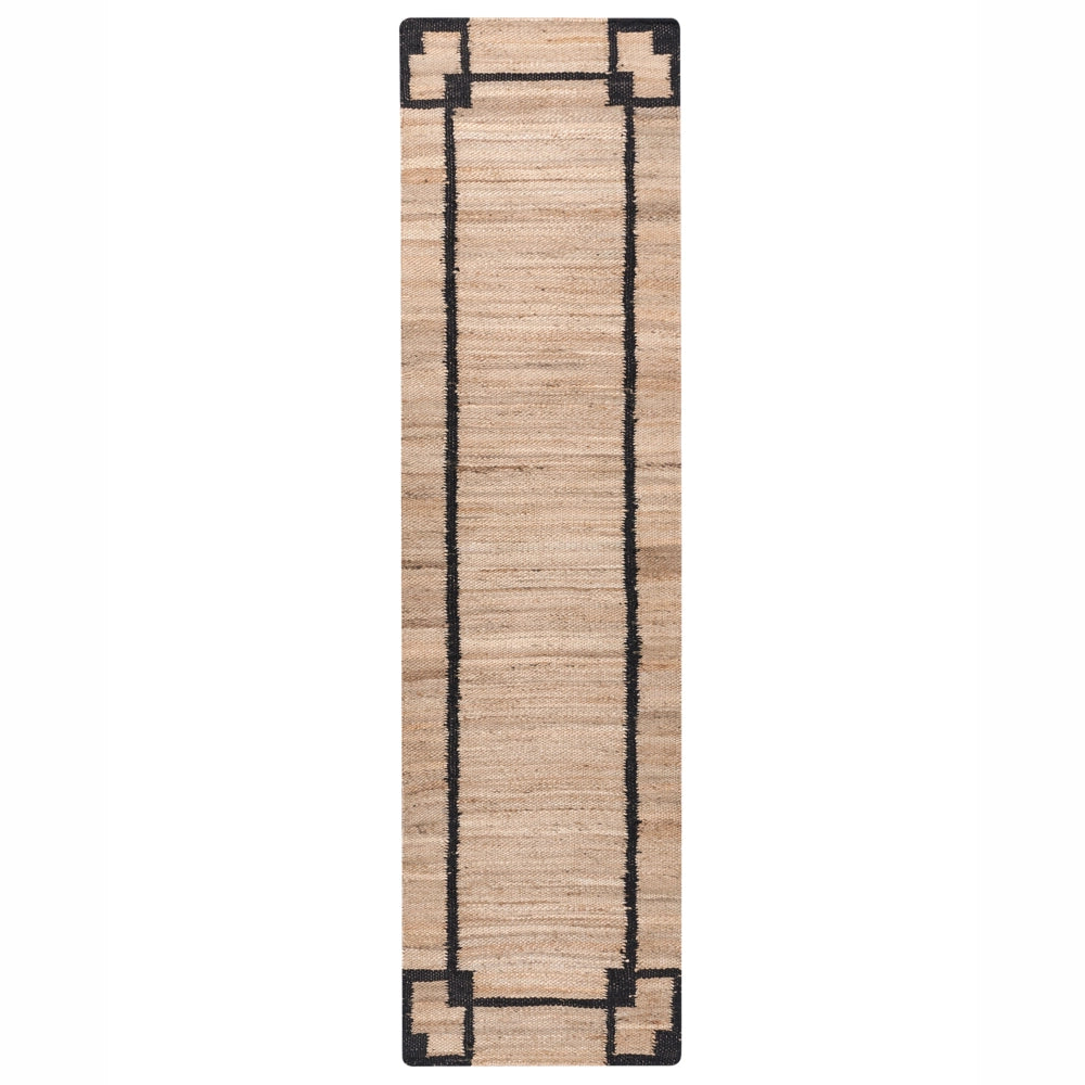Tappeto Runner Beige e nero Iuta 80 x 300 cm con Motivo Rettangolare Tessuto Stile Rustico Soggiorno Camera Da Letto