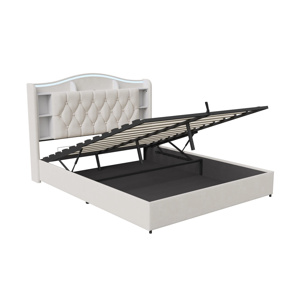 Letto a molle a sollevamento idraulico, testiera velluto beige, con luci LED RGB, stazioni di ricarica USB e wireless, scomparti porta oggetti, 140x200 cm