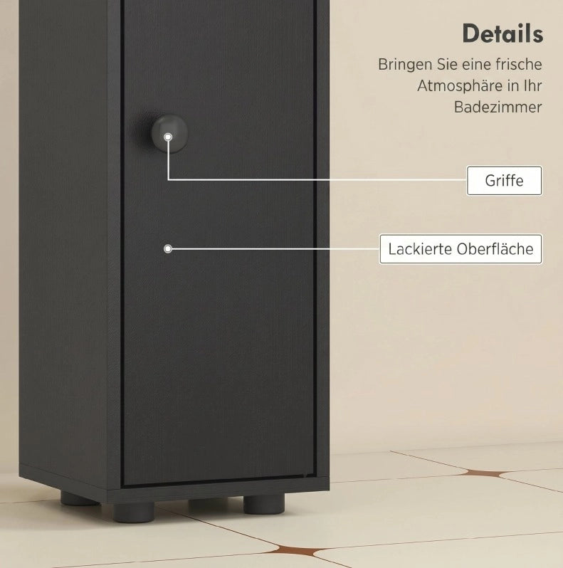 Mobile bagno nero alto e stretto 180x20x20 cm con ripiani regolabili e cinghie anticaduta