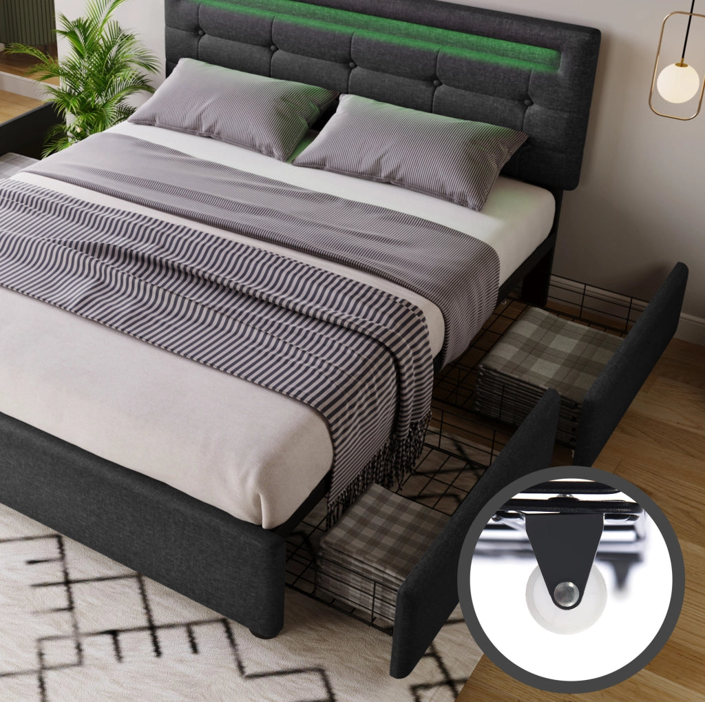 Letto 140x200 cm con LED, 4 cassetti e testiera regolabile in lino grigio