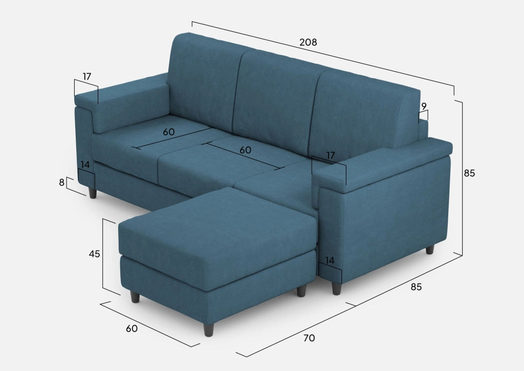 Divano 3 Posti con Pouf 208x155x85 cm Marrak in Tessuto Avio