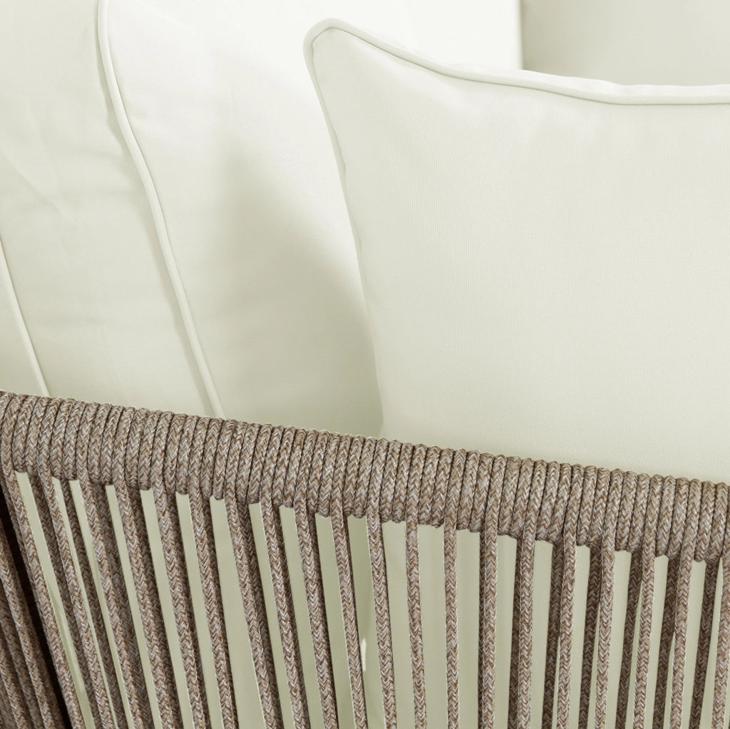 Divano da giardino con 2 cuscini e struttura in acciaio, tessuto beige e corda kaki, per esterni, balcone e terrazza