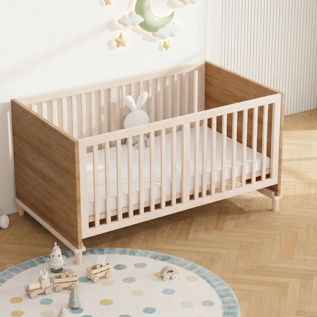 Culla con rete a doghe regolabile in 5 altezze in legno e MDF colore naturale