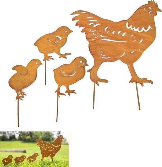 4 pezzi Polli Metallici con 3 Pulcini in Patina Ruggine per Giardino