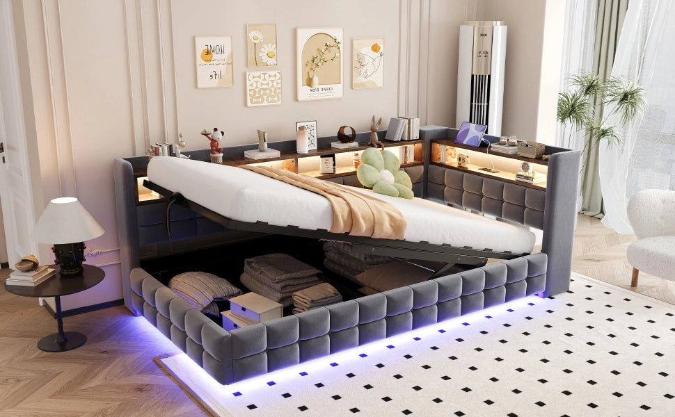 Letto singolo imbottito 90 × 200 cm con contenitore idraulico ripiani in legno LED prese USB Type-C velluto grigio