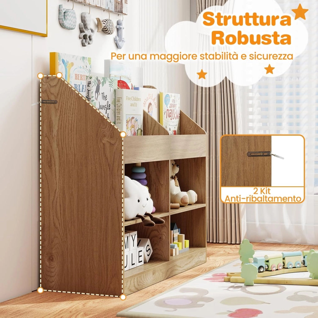 Libreria Montessoriana Porta Libri per Bambini, Scaffale Multifunzione con 4 Cubi e 4 Scomparti, Anti-ribaltamento, Salvaspazio per Cameretta e Stanza dei Giochi, 90x34x80 cm (Naturale)