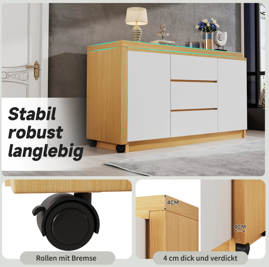 Scrivania girevole 360° 120x50x76;5 cm con 3 cassetti e 2 ante in truciolare bianco e rovere