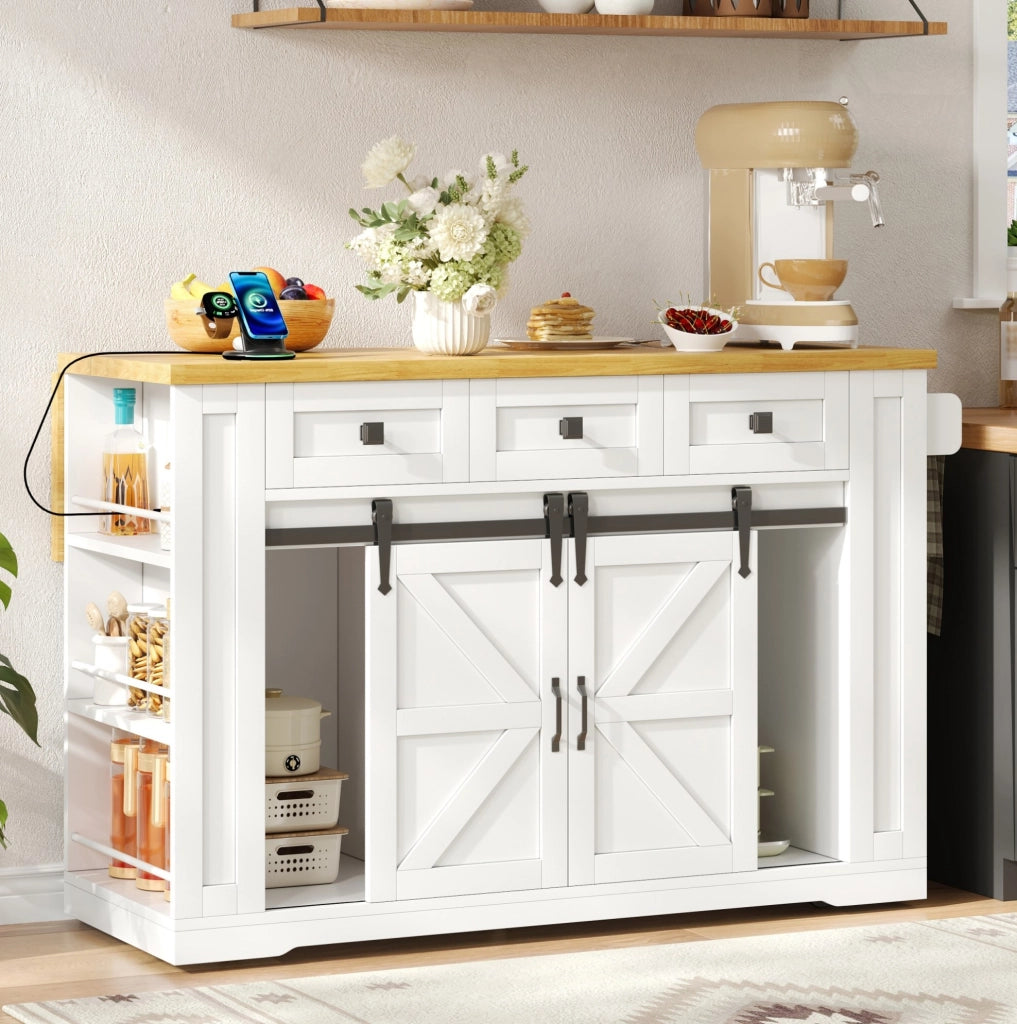 Isola da cucina con piano ribaltabile; ruote e prese USB; 130x50(80)x87 cm; bianco naturale