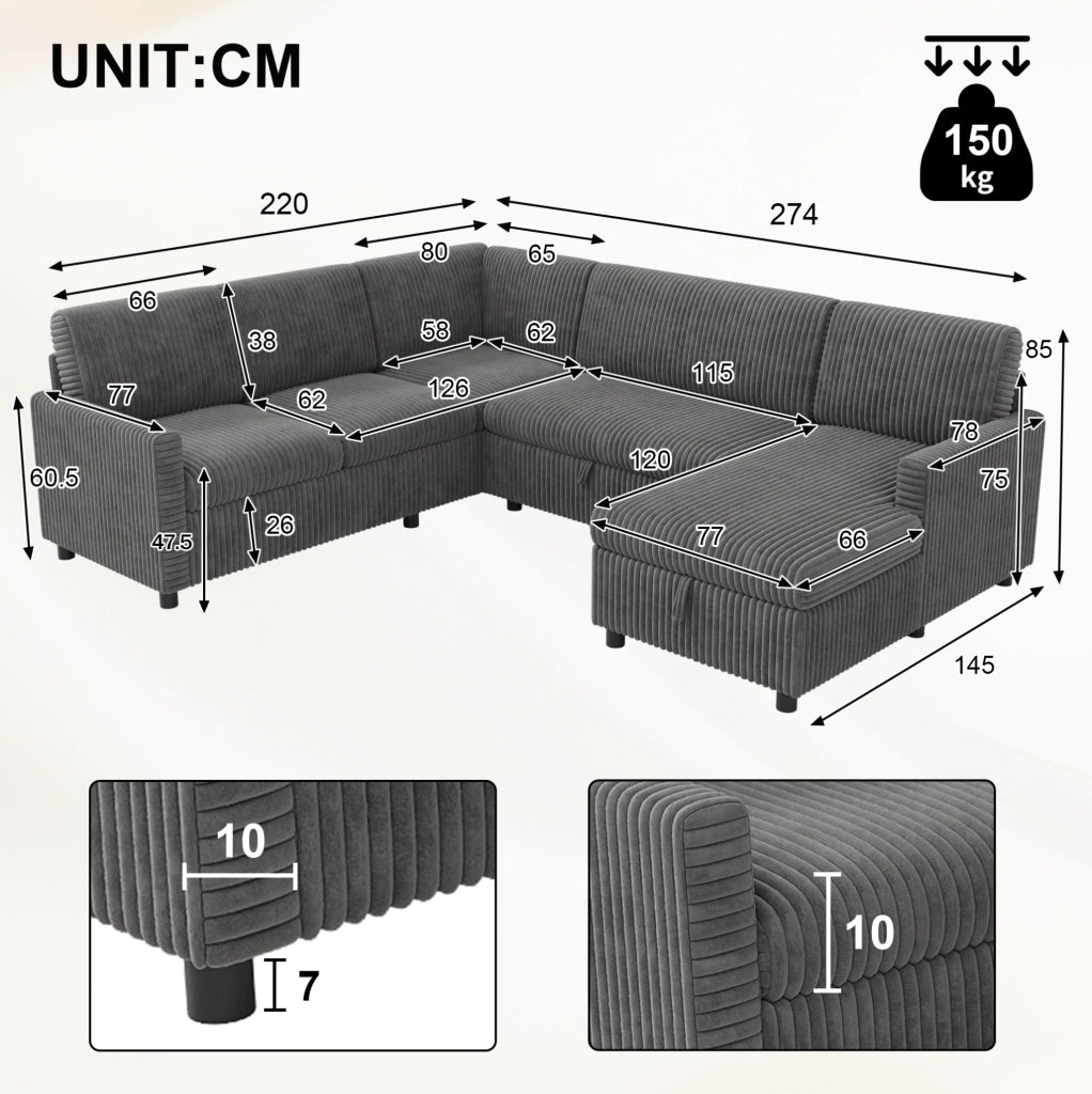 Divano letto angolare a U 274x220 cm con chaise longue contenitore in velluto a coste grigio