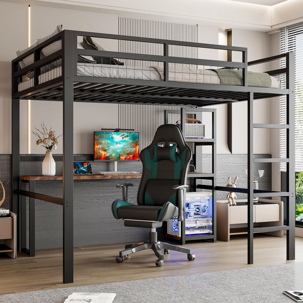 Letto a soppalco 140 × 200 cm con scrivania mensole prese USB Type-C in metallo nero scala e barriera