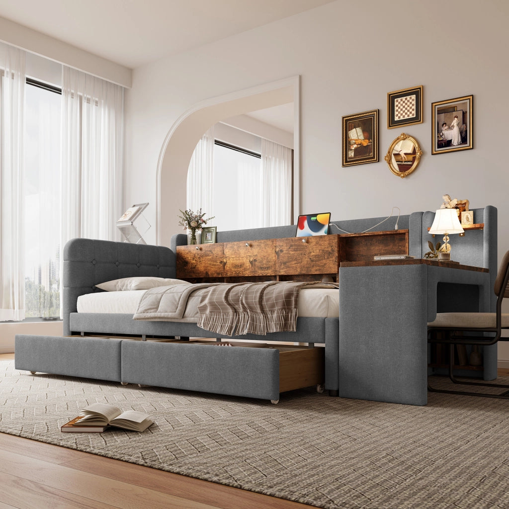 LETTO Giorno 90x200 cm Grigio in lino con scrivania, 2 cassetti e USB Tipo C