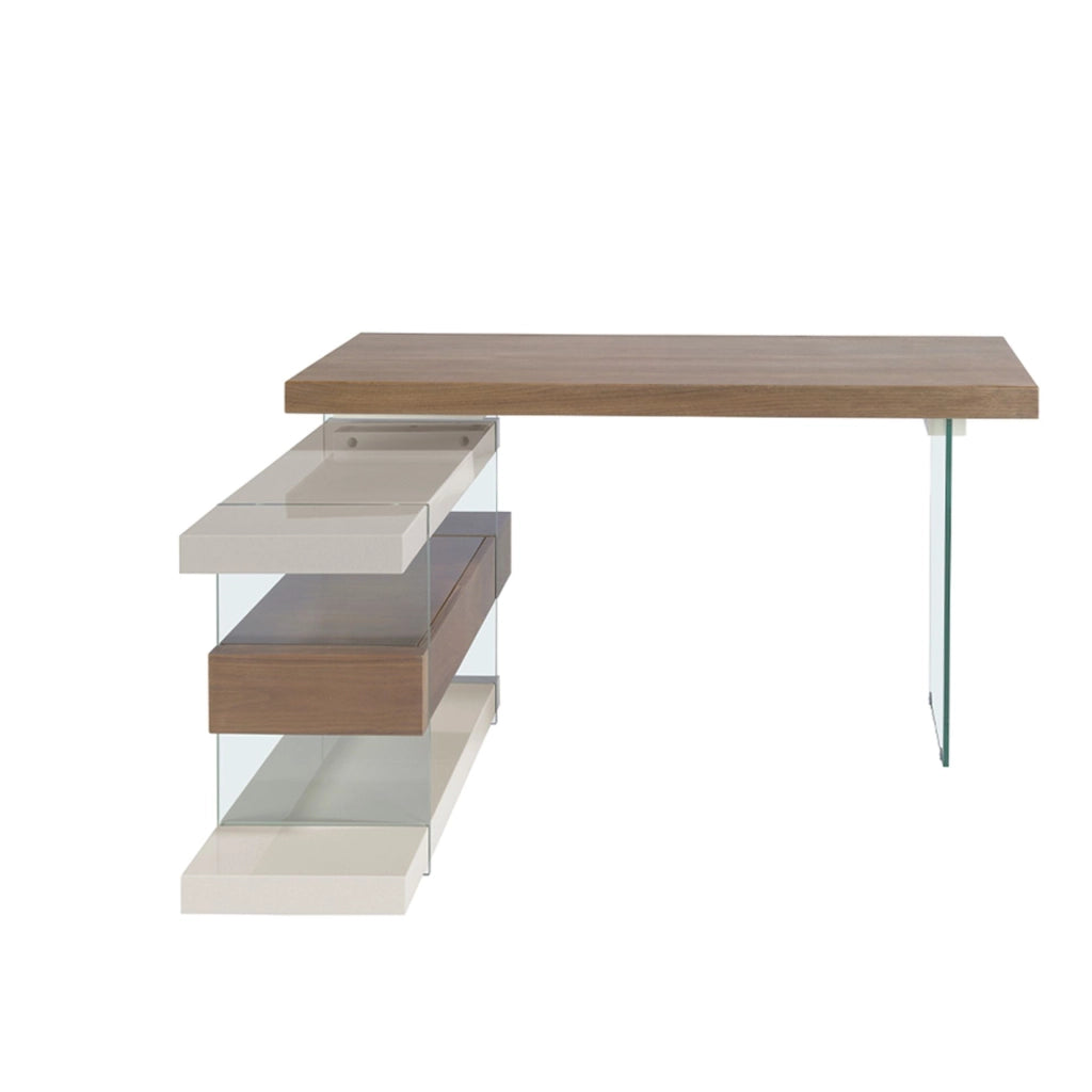 Scrivania in legno grigio e vetro temperato con piano in noce