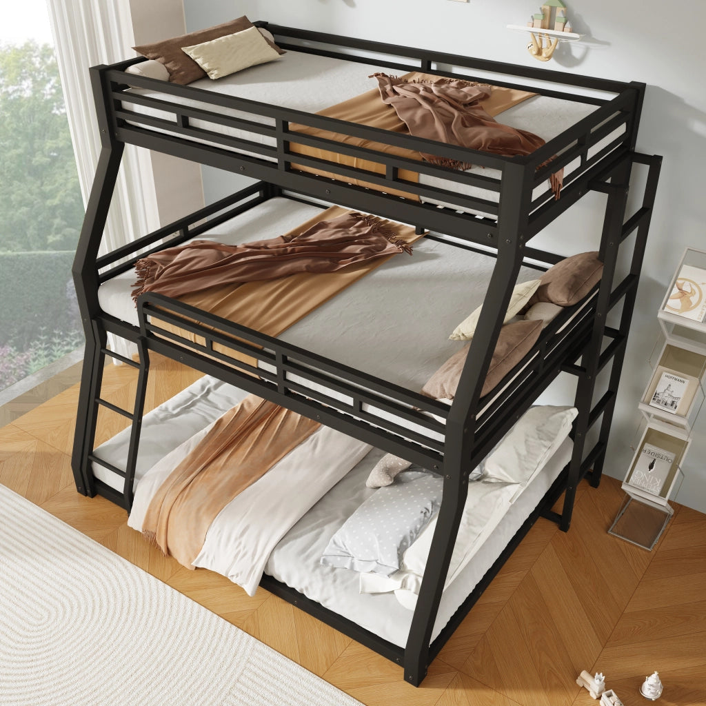 Letto a castello triplo in metallo nero con scala reversibile; 90/120/140 x 200 cm