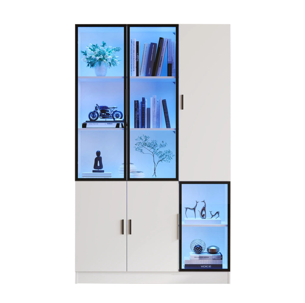 Vetrina 120x35x200 cm con LED USB; 3 ante in vetro e 10 vani; bianca