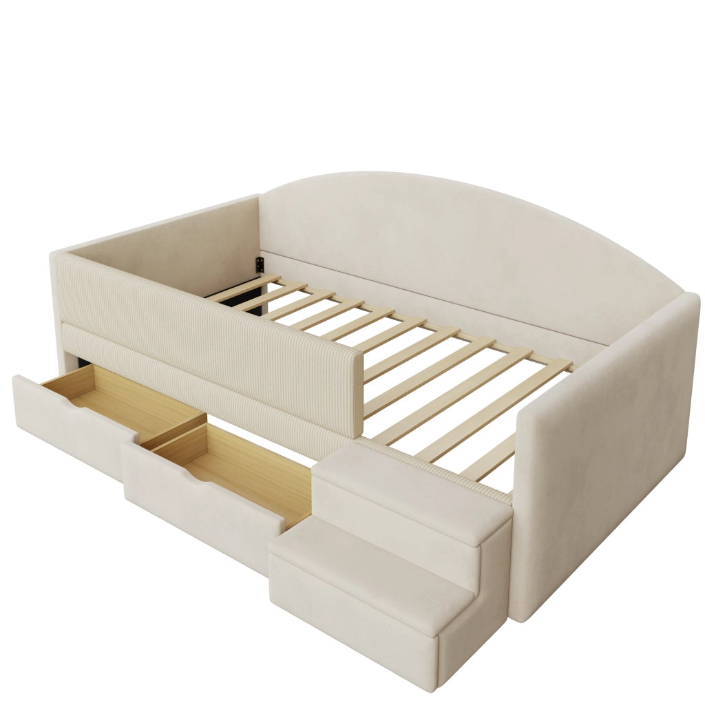 Letto imbottito singolo 90×190 cm con 2 cassetti; sponde; gradini e rete a doghe; senza materasso; beige
